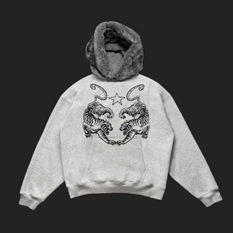 Y2K Retro Hoodie With Faux Fur Trim Print Graphic Sweatshirt Women Men Long Sleeve Winter Warm Thickened