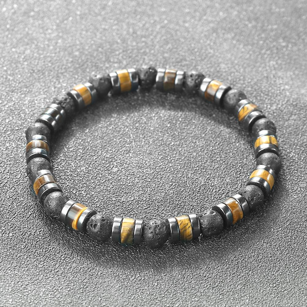 Natural Volcanic Stone Bracelet Handmade Adjustable Size Hematite Tiger Eye Stone Cylindrical Beads Bracelets Men Yoga Bangles