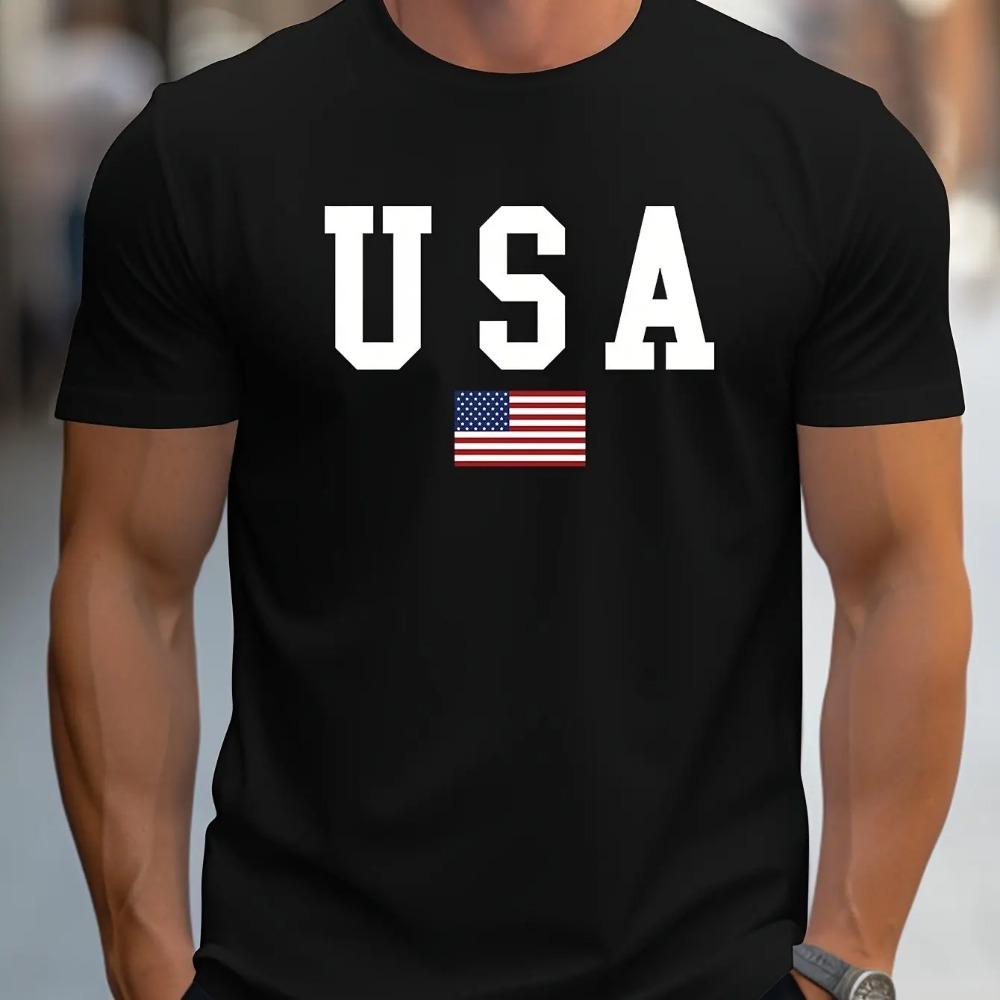 Men's 100% Pure Cotton Summer Loose Fit Large Usa Print Casual Slim Fit Round Neck Short Sleeved T-shirt Top