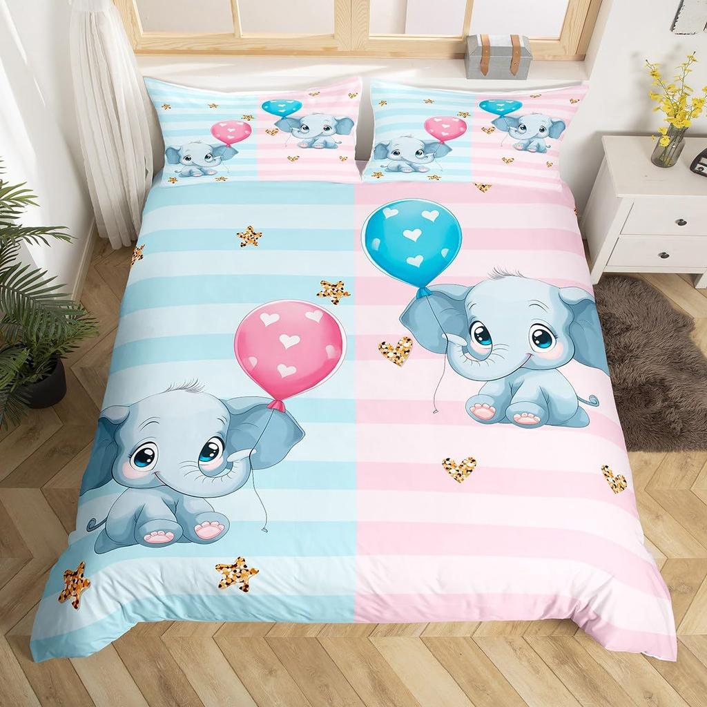 Cartoon Kawaii Elephant Duvet Cover Twin Animal Bedding Set Floral Comforter Cover Microfiber Butterfly Bed Sets For Boys Girls