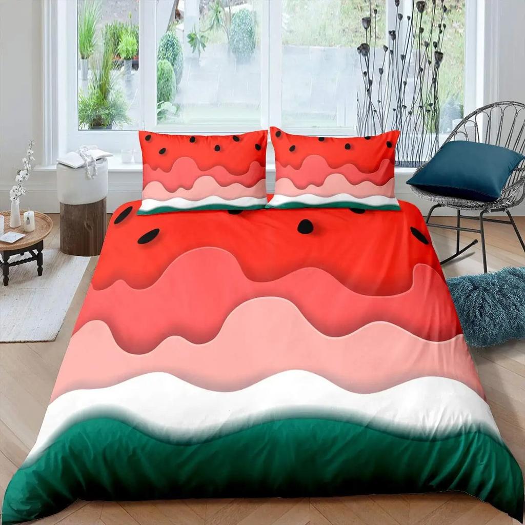 3D Print Watermelon Duvet Cover Summer Black And Green Stripes Fruit Bedding Set Girly Watercolor 2-3Pcs Polyester Quilt Cover