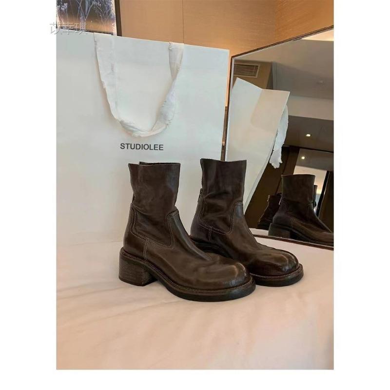 

Cowhide leather platform short boots women s high-heeled boots autumn and winter retro Martin boots thick heel thin boots 40