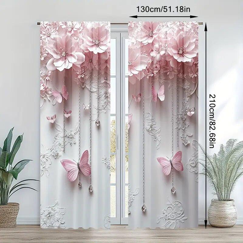 Pink Flowers and Butterflies - Pole Bag Curtains   Bedroom and Kitchen Decoration   Home Decoration   Living Room Decoration