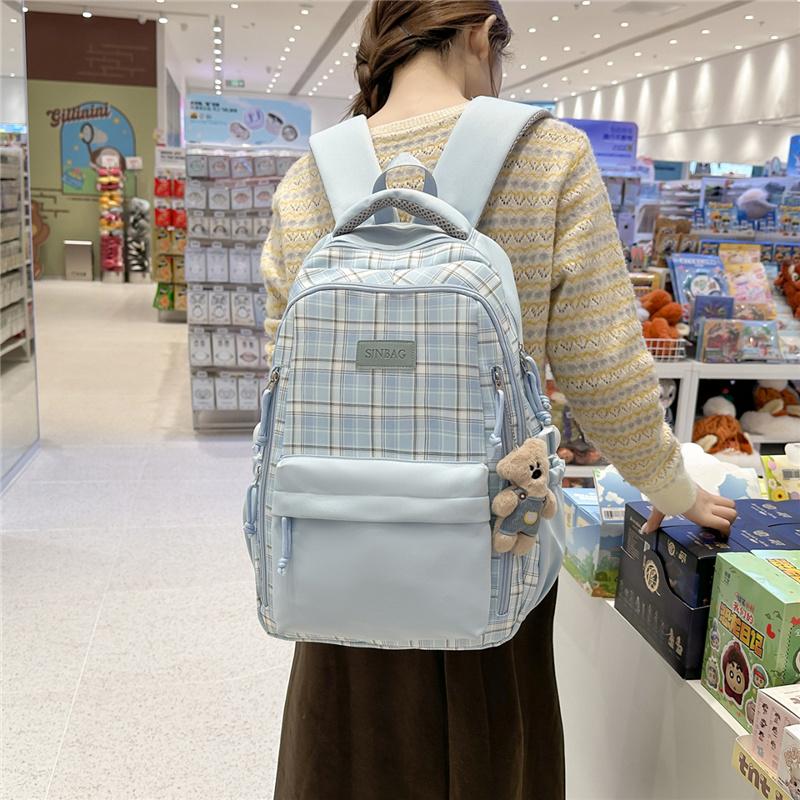 Nylon Plaid Backpack Women's Fashionable Casual School Bag Lightweight Travel Rucksack with Multiple Pockets