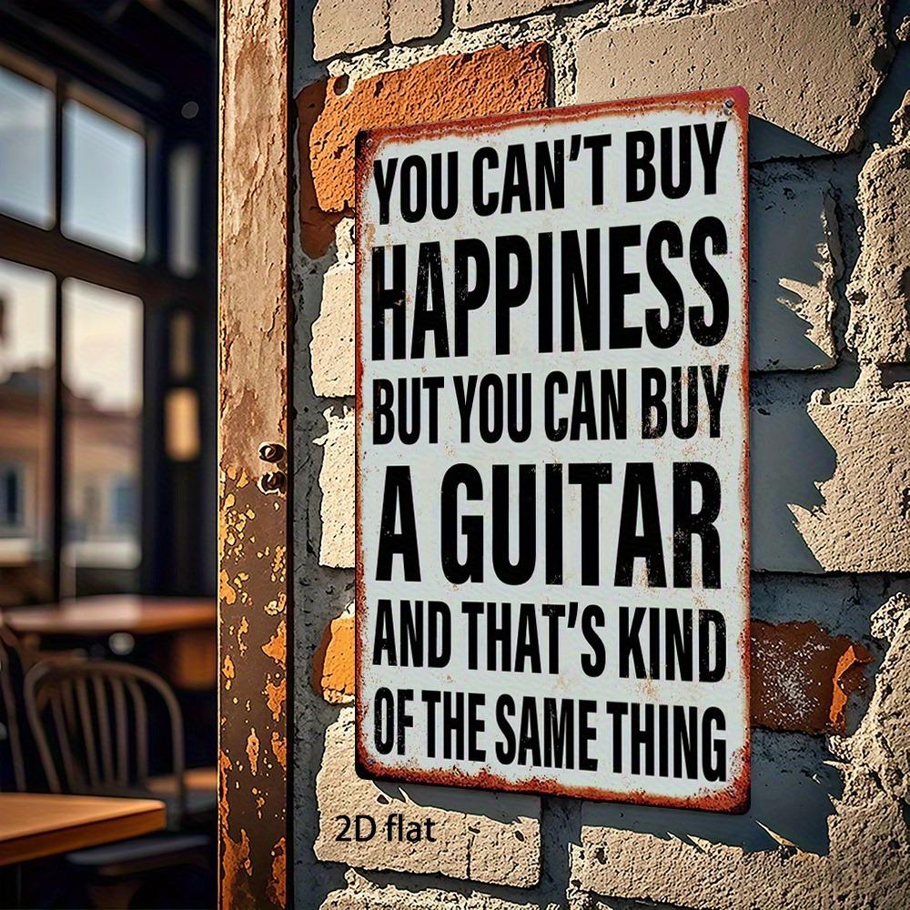 Vintage Metal Guitar & Happiness Poster Wall Art, 8x12 Inch Laser-Cut Decor for Living Room/Office, Humorous Iron Gift for Music