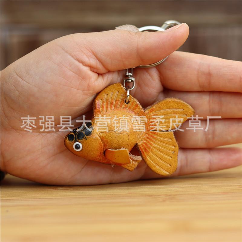 First Layer Cowhide Small Red Fish Car Keychain Small Fish Bag Personalized Pendant Accessories Cute Koi Backpack Accessories