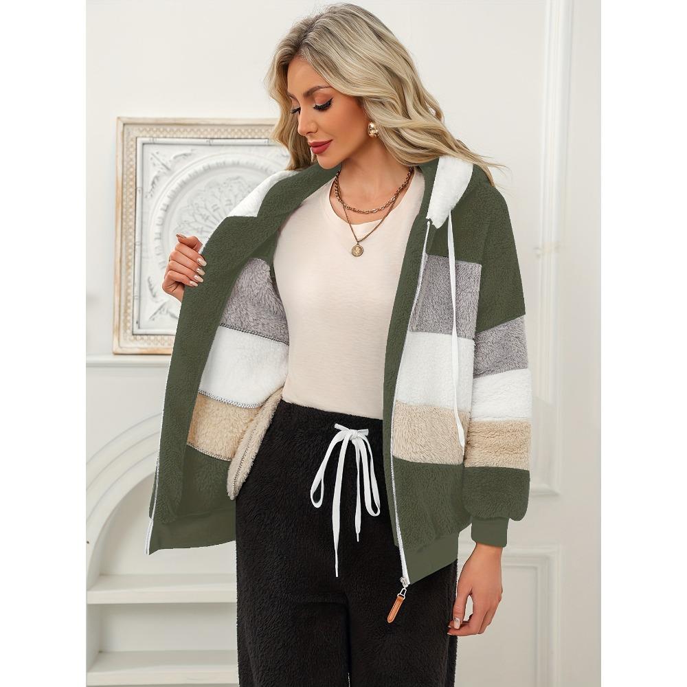 Damen Mehrfarbiger Flauschiger Kapuzenmantel, Lockere Warme Plüschjacke für Herbst Winter