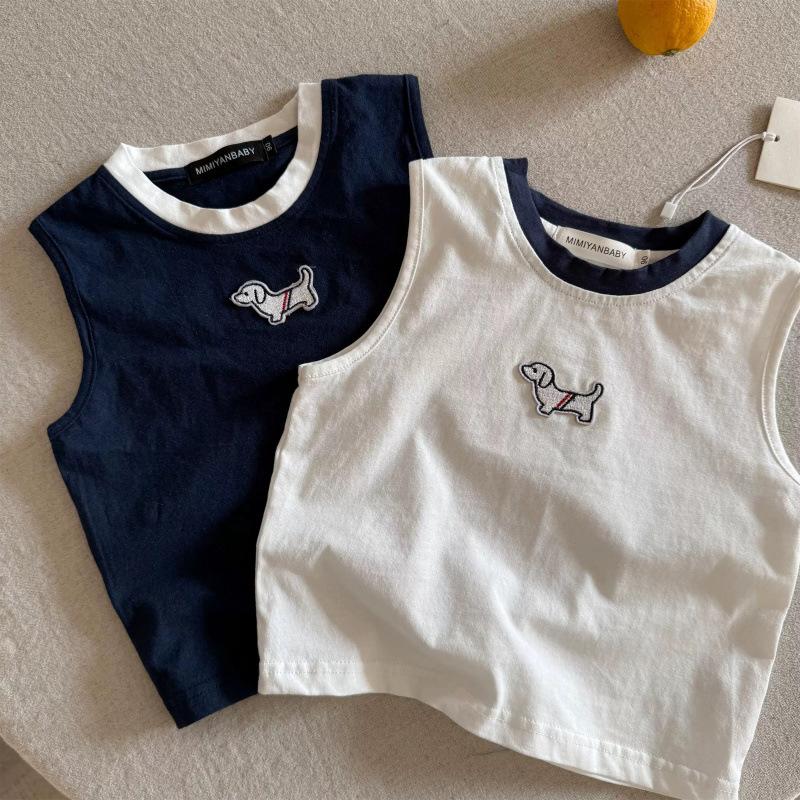 Kids Summer Cotton Cartoon Tank Top Boys Girls Round Neck Sleeveless T Shirt Block Vest For Toddler