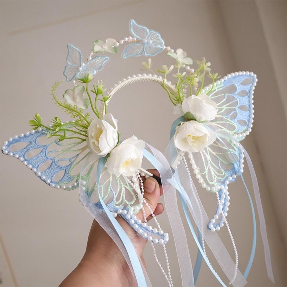 Silk Ribbon Butterfly Flowers Hairband Pearl Beads Decorative Headwear Floral Headwear  Women Wear