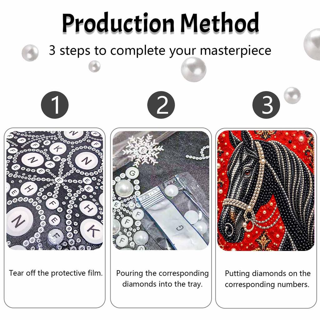 Sparkling Pearl Painting Kit with Frame Majestic Black Horse Portrait Bead Art Canvas Relaxing Craft Home Wall Decor Birthday Gift