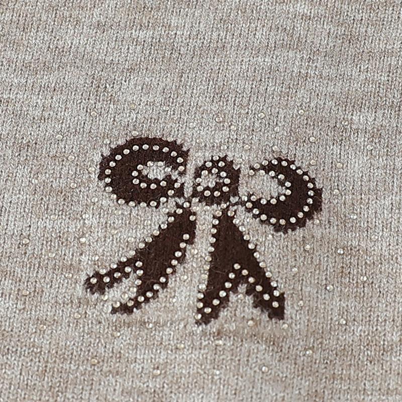 Women Plus Size Henley Knit Sweater Bow Rhinestone Decor Warm Long Sleeve Pullover