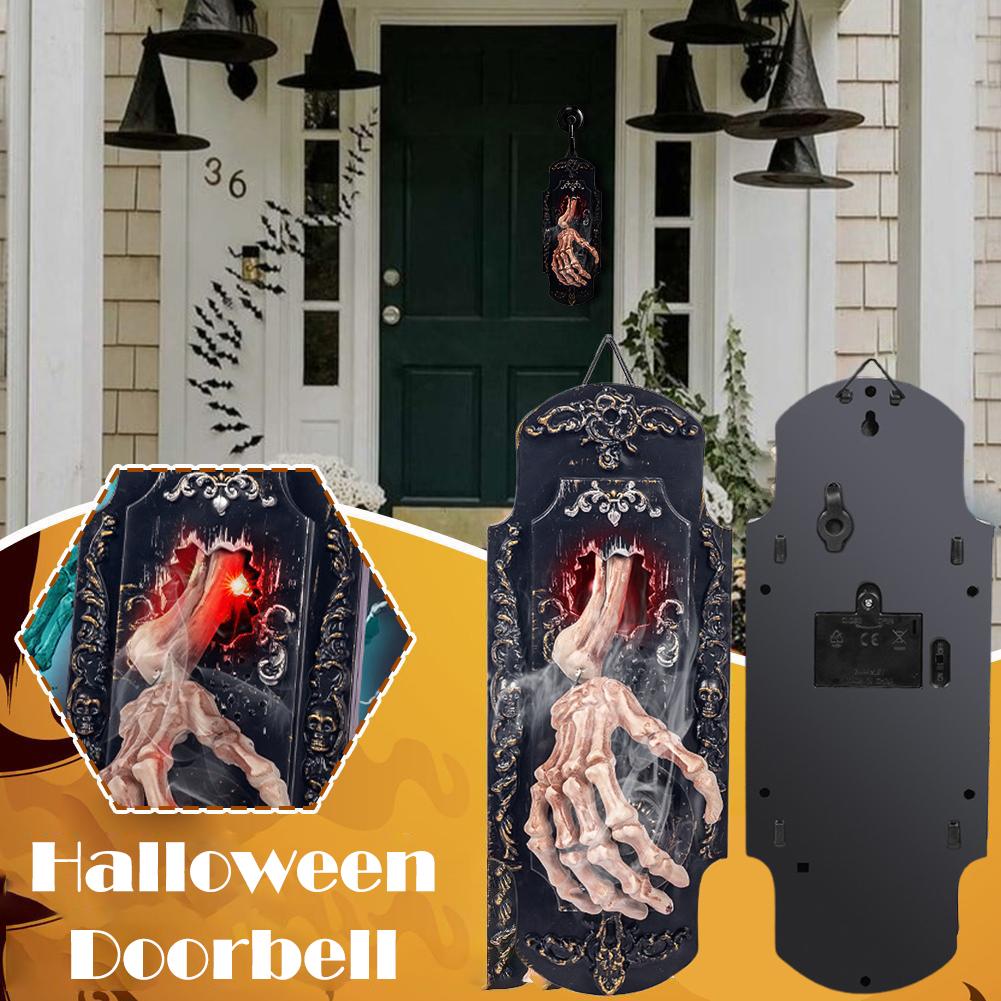 Halloween Hanging Doorbell, Touch/Motion Activated Skeleton Hand Door Bell with Red Light & Scary Sound Haunted House Decoration