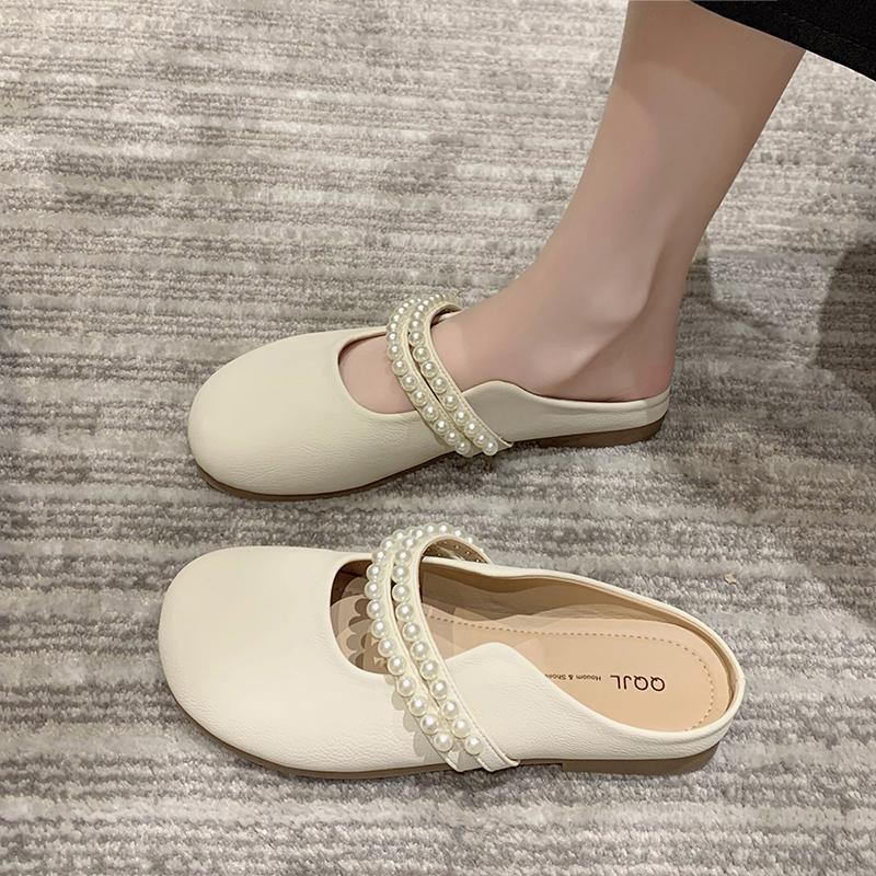Baotou half slippers women's summer wear 2025 new fashion Internet celebrity pearl half support single shoes soft sole fairy sandals