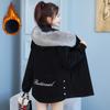 Winter Fashion Women Thickened Fleece Denim Coat With Hooded Embroidery Fur Collar Black Denim Jacket