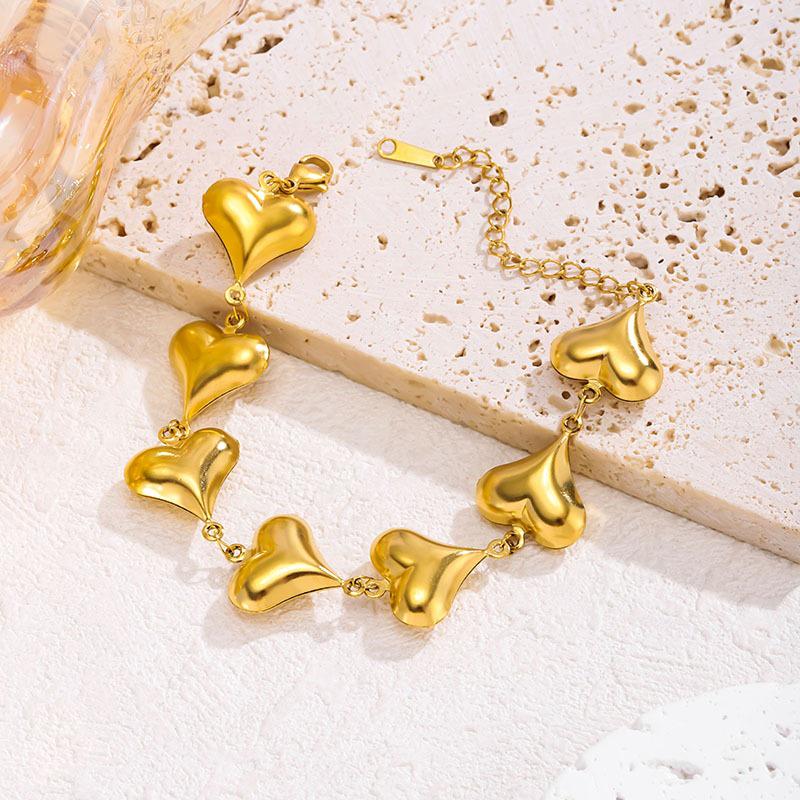 18K Gold Heart Necklace & Bracelet Set for Women – Stainless & Titanium Steel, Hip Hop Style.