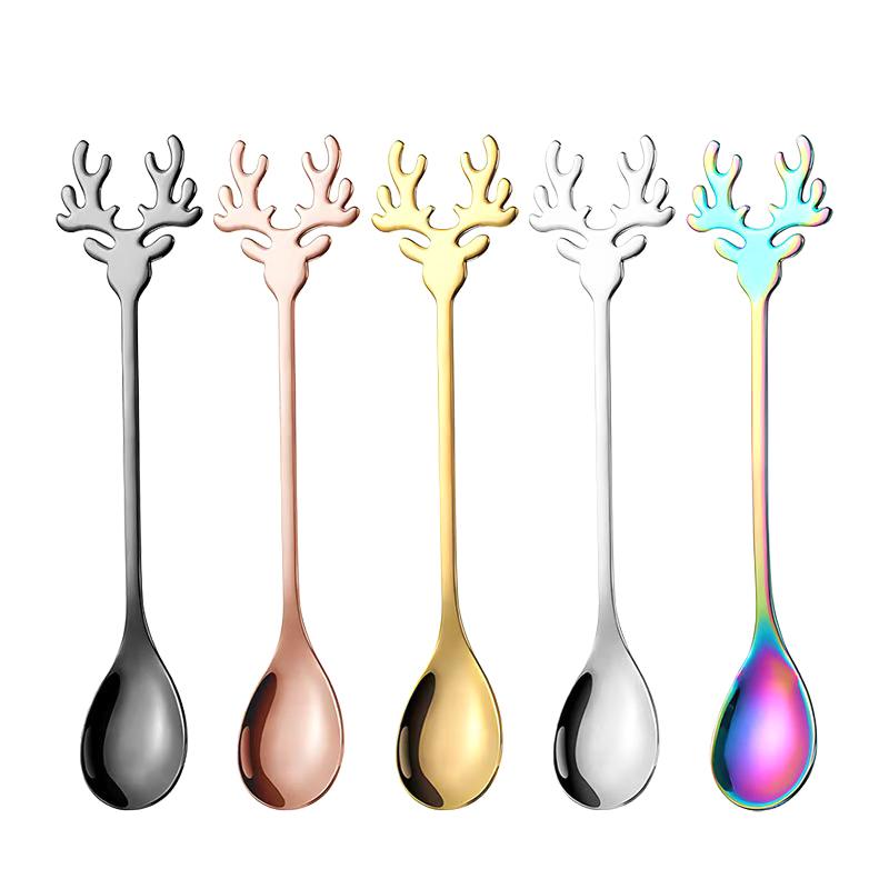 1Pc 304 Stainless Steel Cartoon Christmas Elk Spoon Cute Deer Head Mini Ice Cream Spoons Coffee Dessert Stirring Spoon Tableware