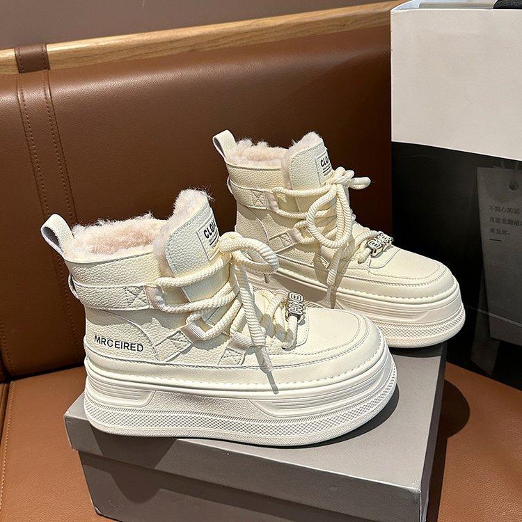 2025 Autumn and Winter New Round Head Thick-soled British Style Velvet Warm High-top Short Boots Casual Versatile Lace-up Snow Boots