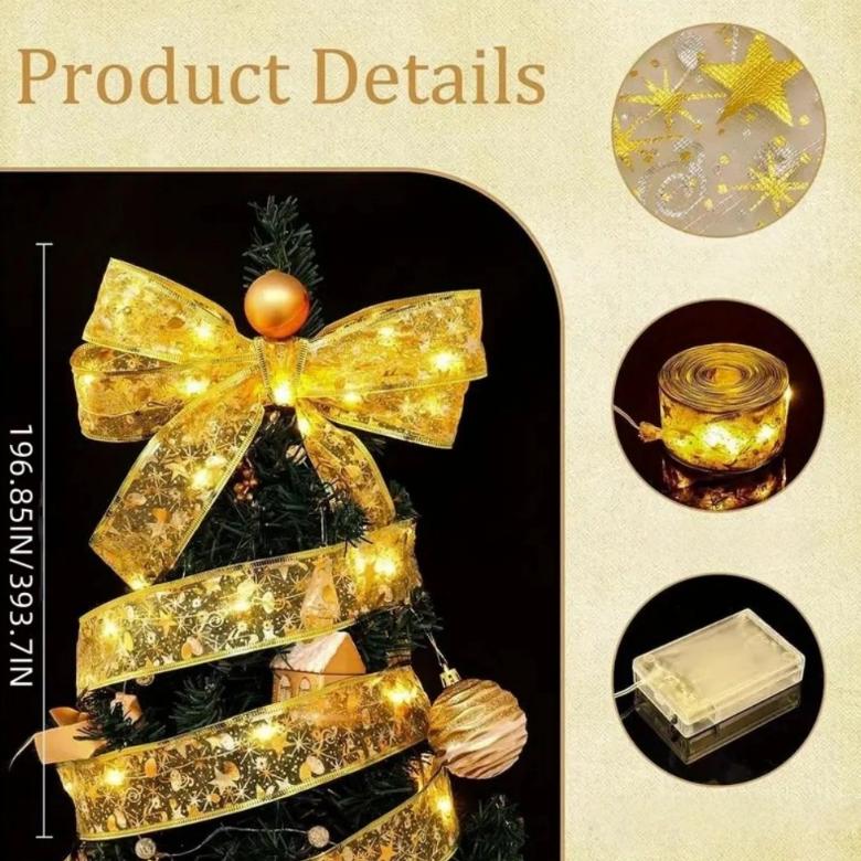 Battery Box Gold Ribbon Light String LED Double-Layer Luminous Satin Ribbon Lights Christmas Tree Decoration Gold Satin Ribbon Light String