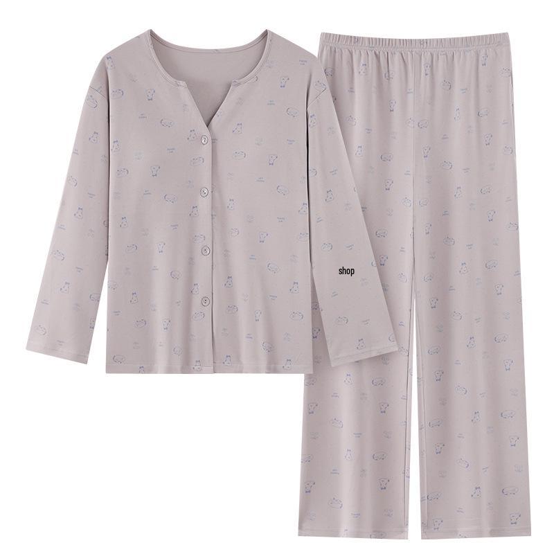 Women's V-Neck Cotton Cardigan with Chest Pads - Long Sleeve, Sweet Cartoon Design for Home or Casual Wear in Spring and Autumn.