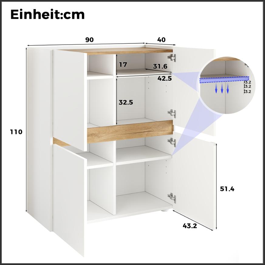 Highboard, Filing Cabinet, 90x40x110cm - Adjustable Shelves - Sideboard, Modern Cabinet, Chests of Drawers, Storage Cabinet, Tall Cabinet