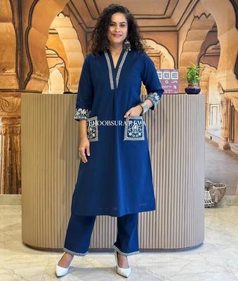 Damen Designer Schwerer Baumwoll-Kurta-Hosen-Set Bestickte Partykleidung Oberteil Tunika Kurti Kleid