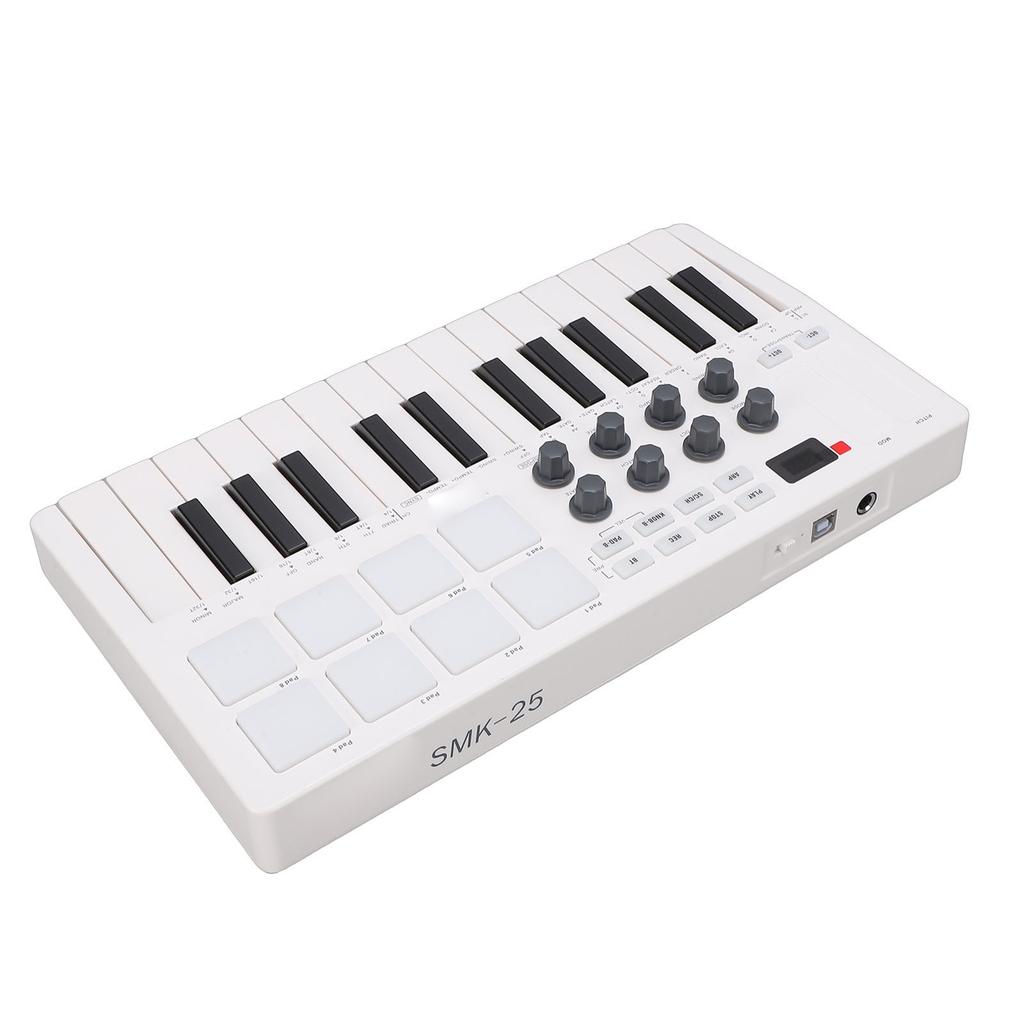 25 Key MIDI Keyboard Controller   with 8 Backlit   Pads 8 Knobs Portable for Computer Recording Music Production White