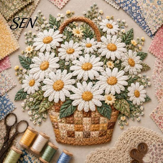 Kreativní víkendové hobby projekty Košík s květinami Patchwork DIY sada, Vrstvené látkové květiny Řemesla Texturované květinové umění 3D šicí projekt pro dospělé,
