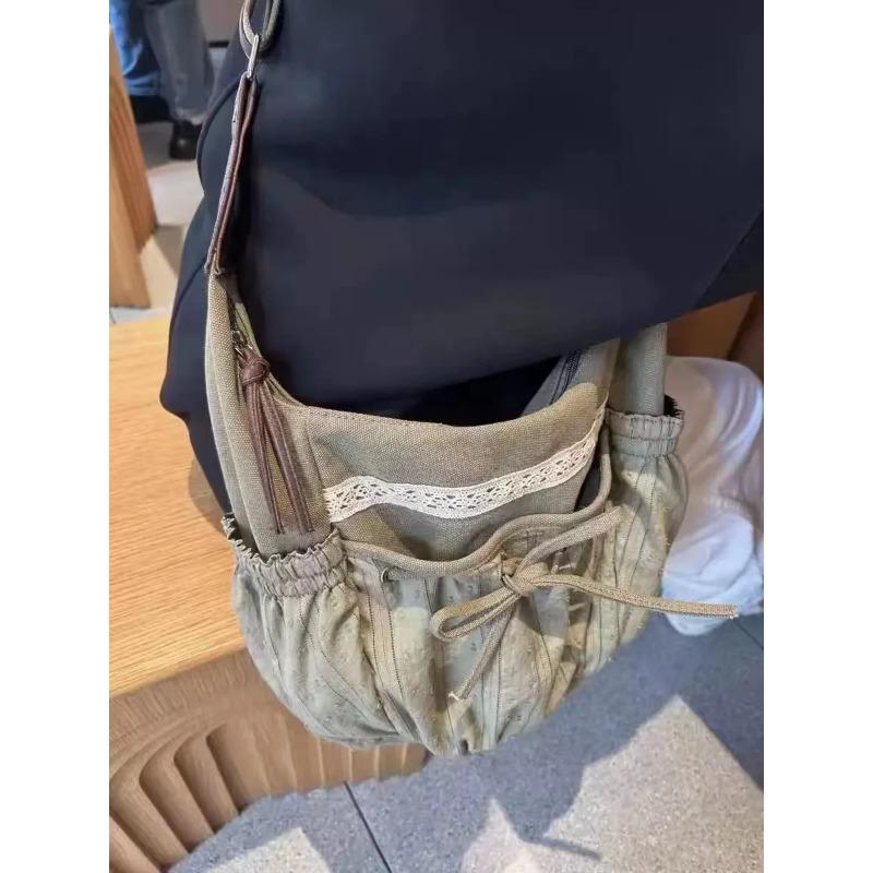 Sweet Cool Bow Canvas Shoulder Bags Women Vintage Drawstring Chic Casual Crossbody Bag Ladies Retro Messenger Bag Bolsos