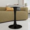 27.6-Inch black coffee table, mid-century modern style, for 2-4 people, round marble tabletop with a white veined finish, various settings.