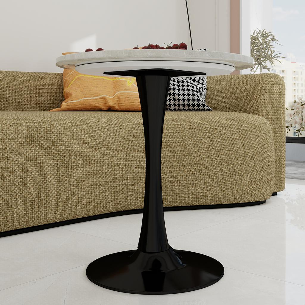27.6-Inch black coffee table, mid-century modern style, for 2-4 people, round marble tabletop with a white veined finish, various settings.
