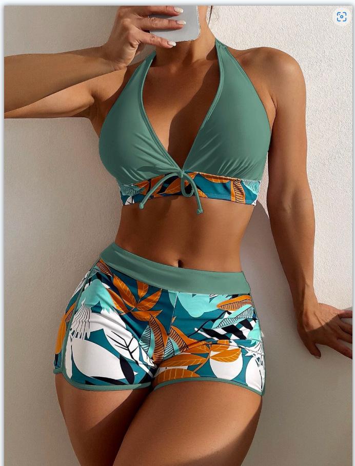 Split swimsuit conservative high-waisted boxers printed neck strap conservative bikini suit S