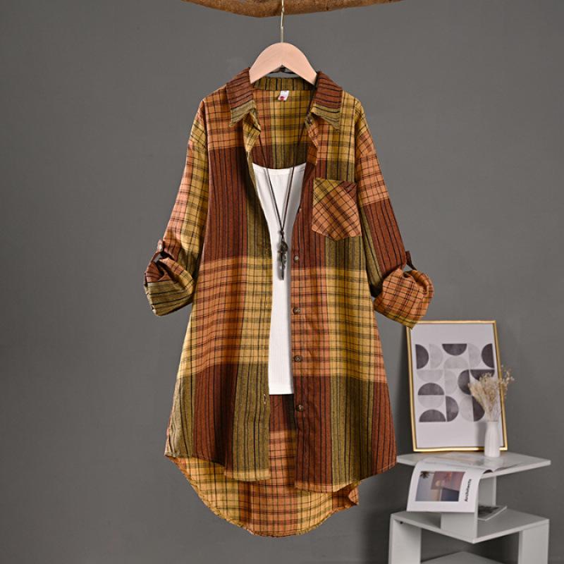 Retro Plaid Long-Sleeve Cotton-Linen Top: Spring/Autumn Loose-Fit Jacket XXL