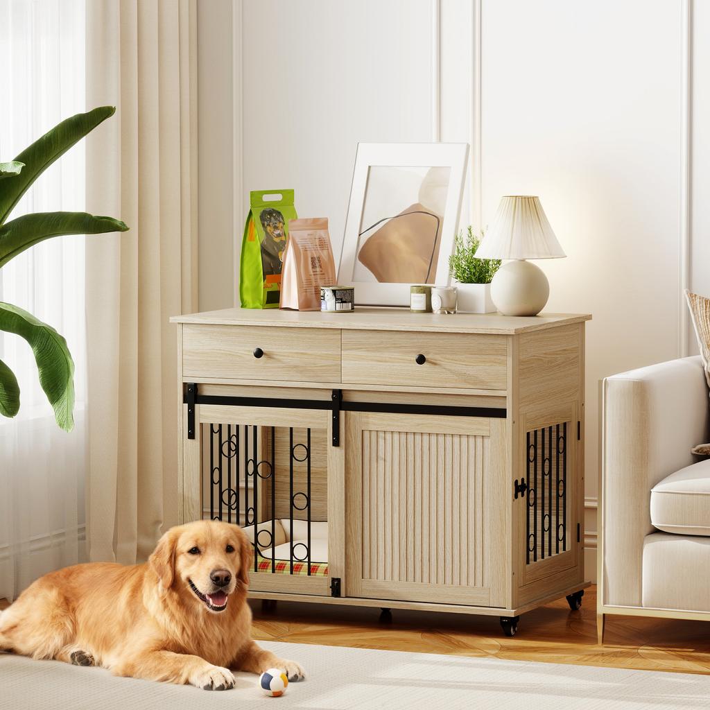 Dog Crate Furniture on Wheels, Dog Cage with 2 Drawers, Sliding Door, for Medium Large Dogs, Oak Tone