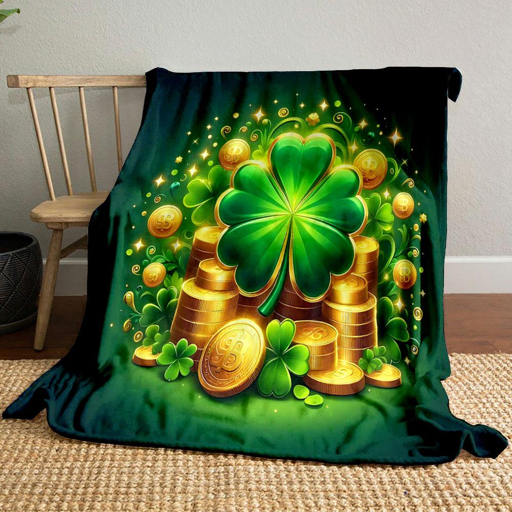 Lucky Clover and Gold Coins Design Print Blanket Soft and Cozy Perfect for the Living Room Bed Sofa or a Nap,gift