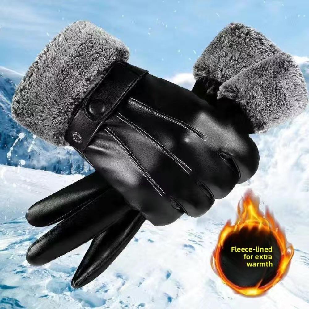 Leather Gloves Men Women Winter Outdoor Cycling Motorcycle Windproof Cold-Proof Fleece Lined Touchscreen Thickened Warm Gloves
