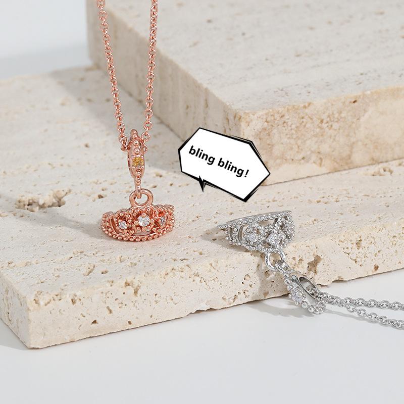 Cartoon Princess Heart Pendant Necklace Female, Simple Design High-End Diamond Crown Necklace