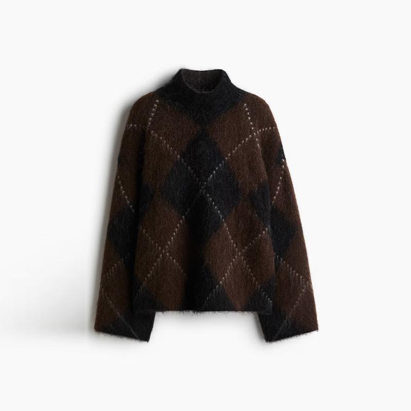 

Пуловер женский вязаный с полувысоким воротником, клетчатый, с цветными блоками, свободный, с длинными рукавами, повседневный, универсальный, новые женские свитера L