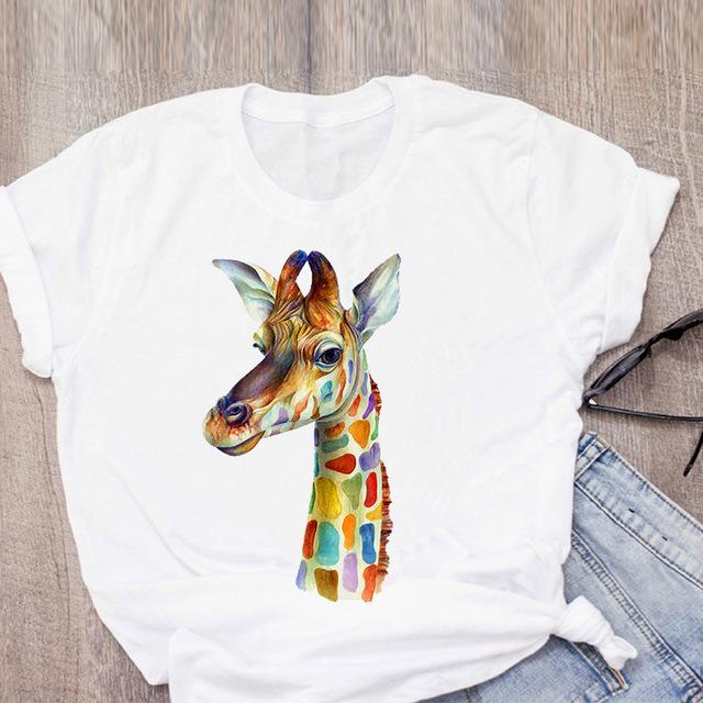 Kawaii Animal Giraffe Graphic Women T-Shirt 90S Summer Loose Short Sleeve Round Neck Female Top Streetwear Y2K Clothes