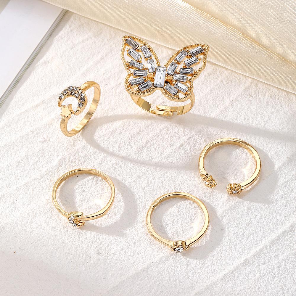 Light Luxury Style Personalized Diamond Butterfly Moon ring5A Set of Versatile, Vintage-style Metal Open Rings