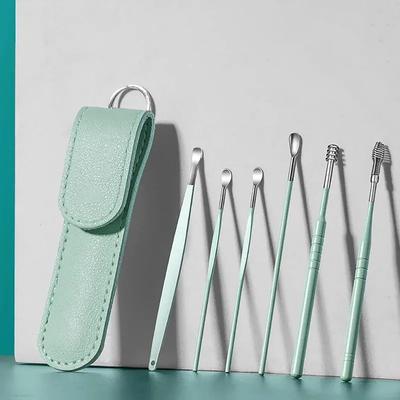Innovative Spring Ear Wax Cleaner Tool Kit 6 Pcs Stainless Steel Ear Pick Set with Leather Storage Case | Reusable Earwax Removal Tools with Spira