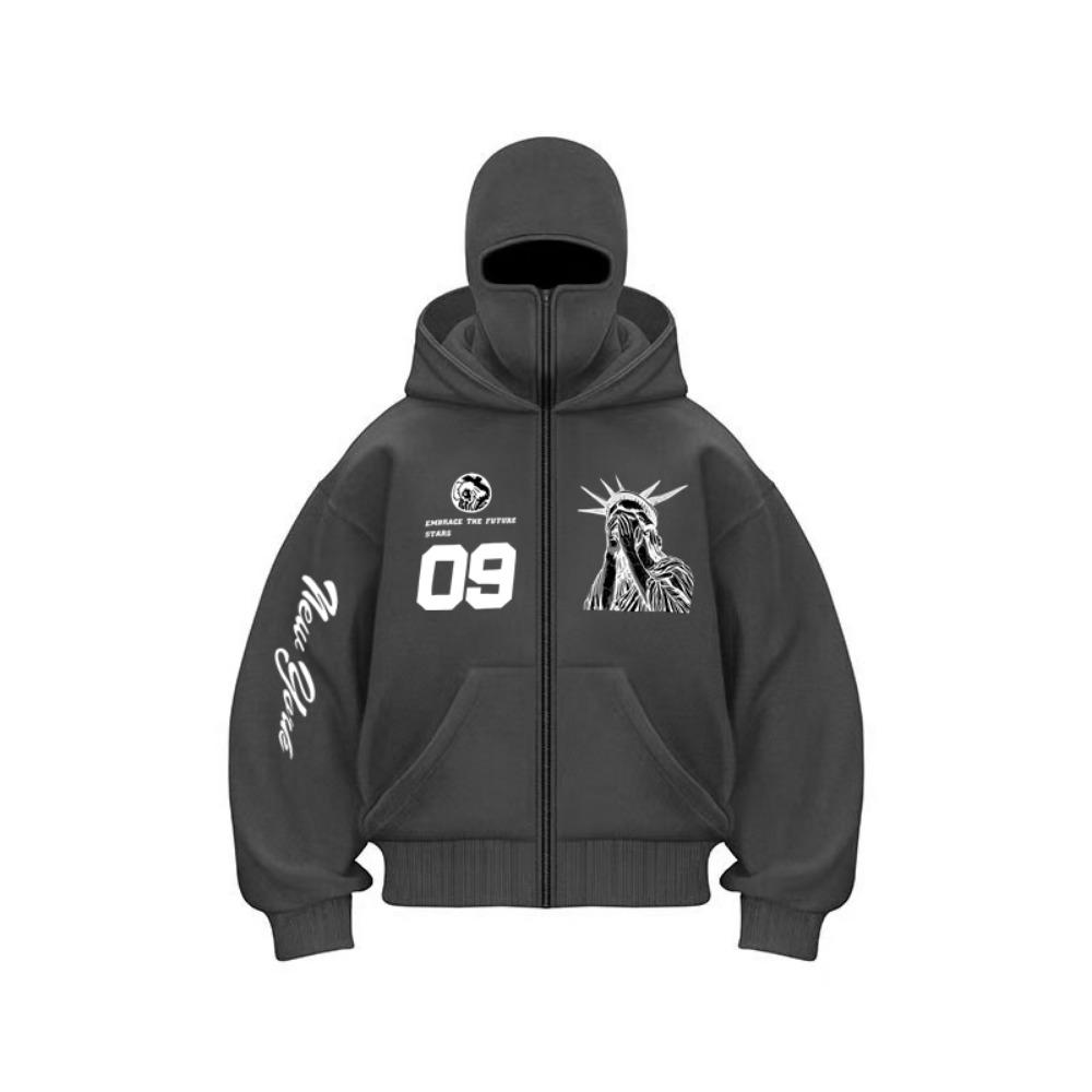 Autumn and Winter Fashion Harajuku Y2K Printed Pattern Street Zipper Double Hat Hoodie Suitable for Men and Women Hip Hop