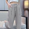 Women's Casual Vertical Striped Comfortable Breathable Elastic Waist Belted Daily Wear Casual Tapered Crop Pants With Pockets