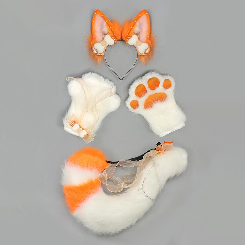 4Pcs/Set Kitsune Fox Ears & Tail & Paw Gloves Plush Anime Cosplay Prop For Lolita Furry Convention Halloween Costume Accessories