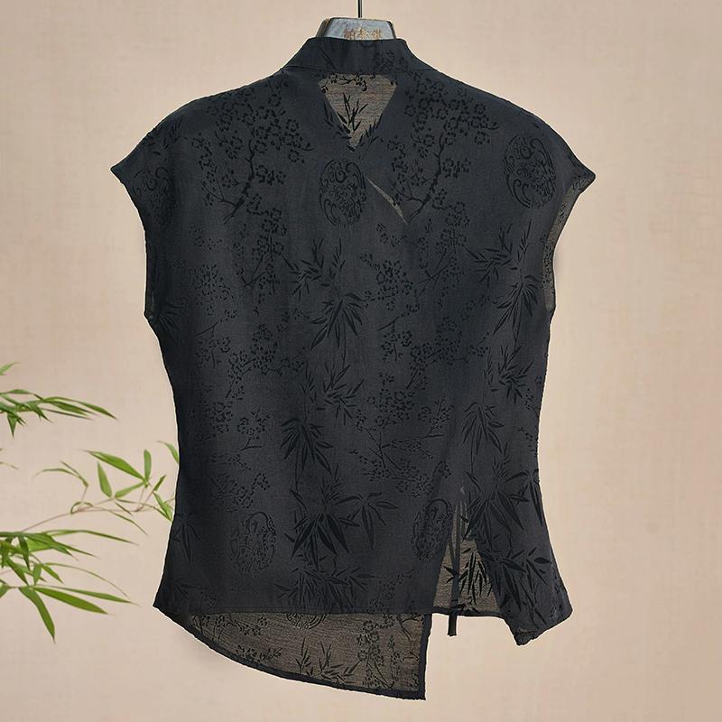 Cămașă Retro Subțire Stil Chinezesc Nou Top Cheongsam Negru Jacquard Mânecă Scurtă Tricou Vară Modă Matură Îmbrăcăminte Femei