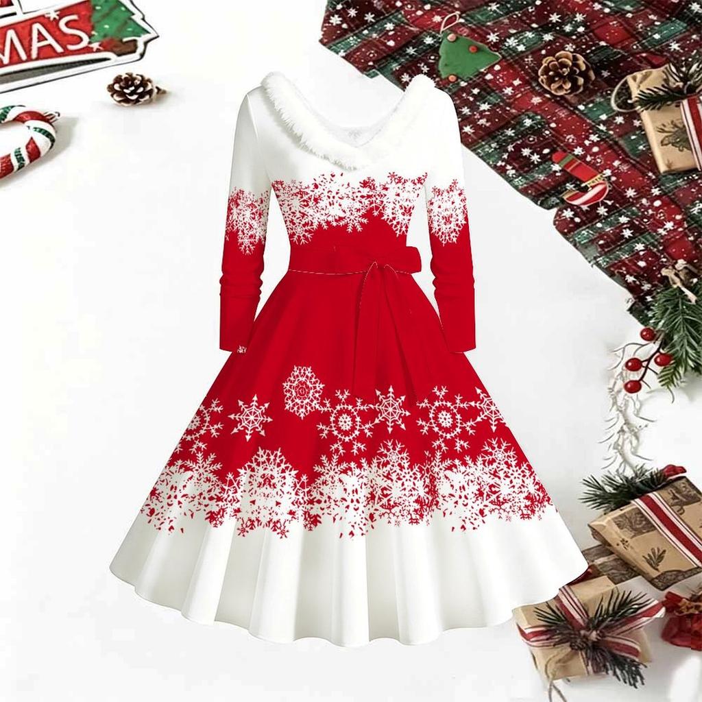Dames Kerstprint Midi Jurk, Lange Mouwen V‑hals Bontrand A-lijn Feestjurk, Kerst Limited Edition