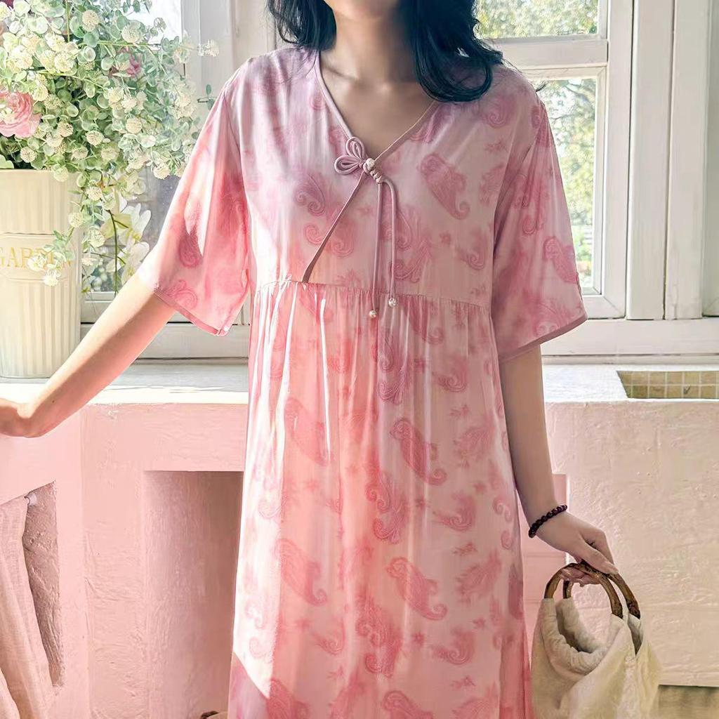 2026 Women's Lyocell Cotton Nightgown - Summer Short Sleeve, Outdoor & Homewear, New Chinese Style, Plus Size