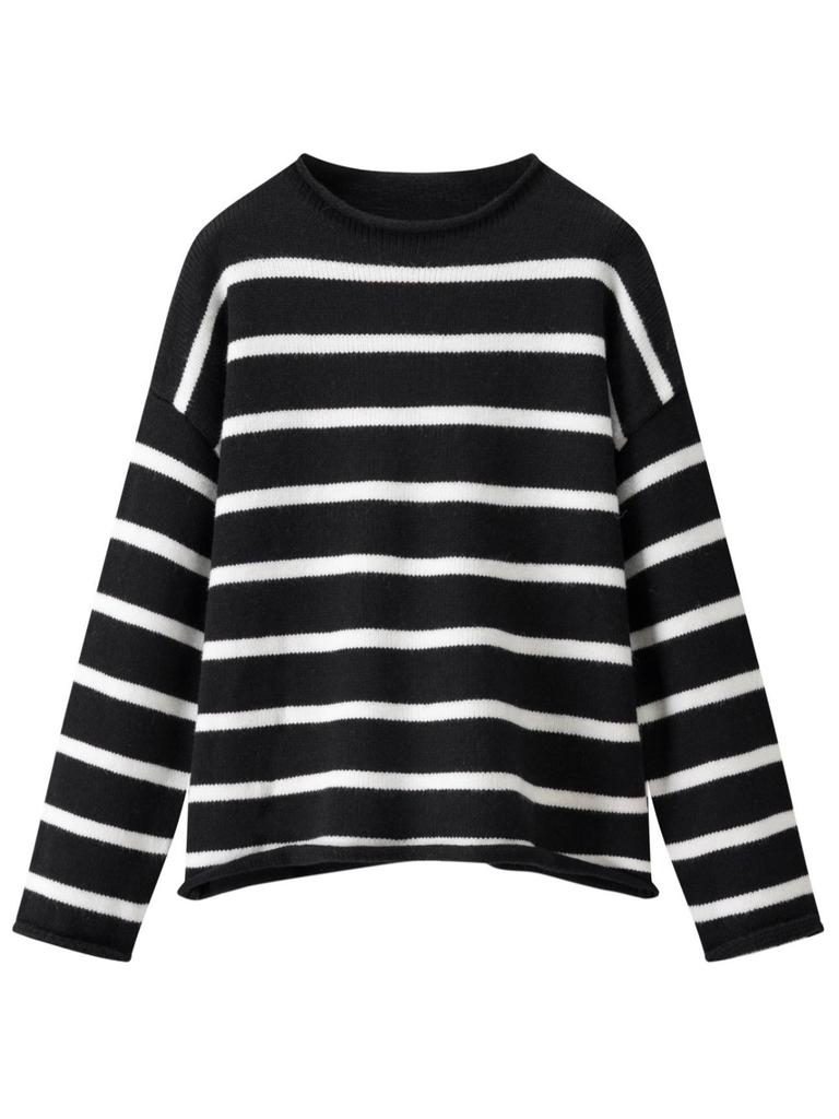 Autumn/Winter Retro Striped Round Neck Knit Pullover for Petite