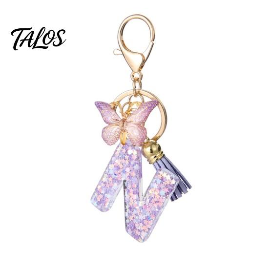 Talos Purple Series Keychain Pendant, Sequins Star Initial Letter Charm Key Chain with Butterfly Tassel Design, A-Z Holder for Bag Purse Backpack