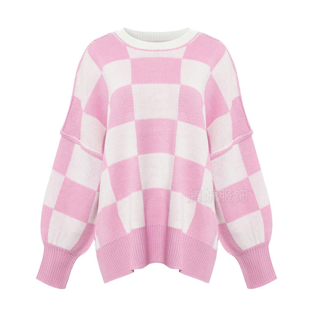 2026 New Plaid Knit Round Neck Women's Sweater - Loose, Versatile Long Sleeve