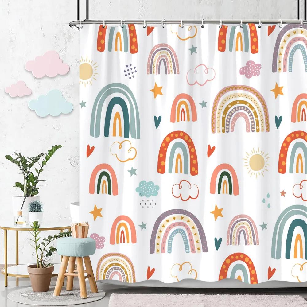 Rainbow Shower Curtain Colourful Cute Bohemian Abstract Print Kids Shower Curtain Polyester Fabric Art Bathroom Decor With Hooks